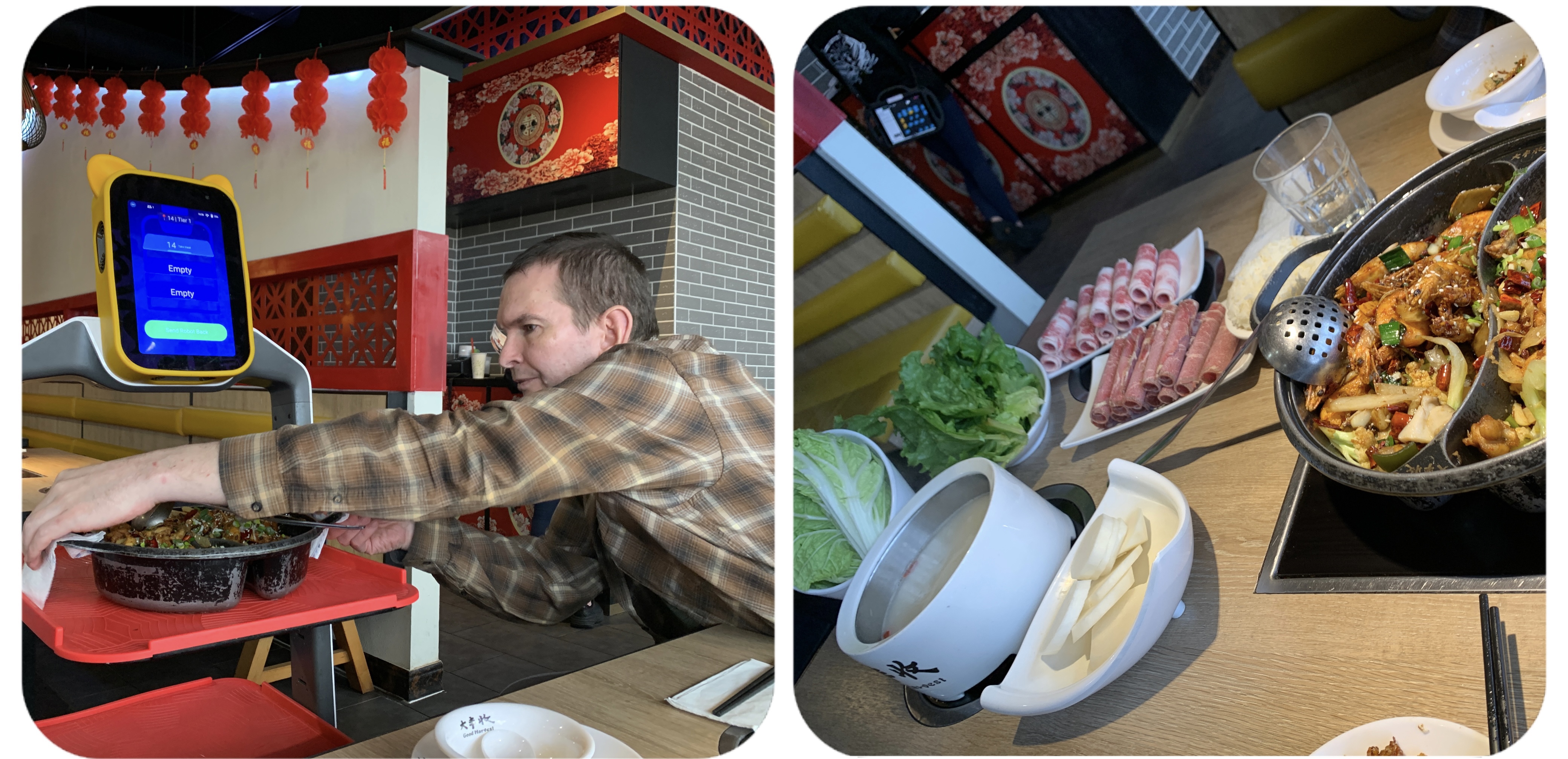 Erik is getting our food off the robot. 送餐机器人