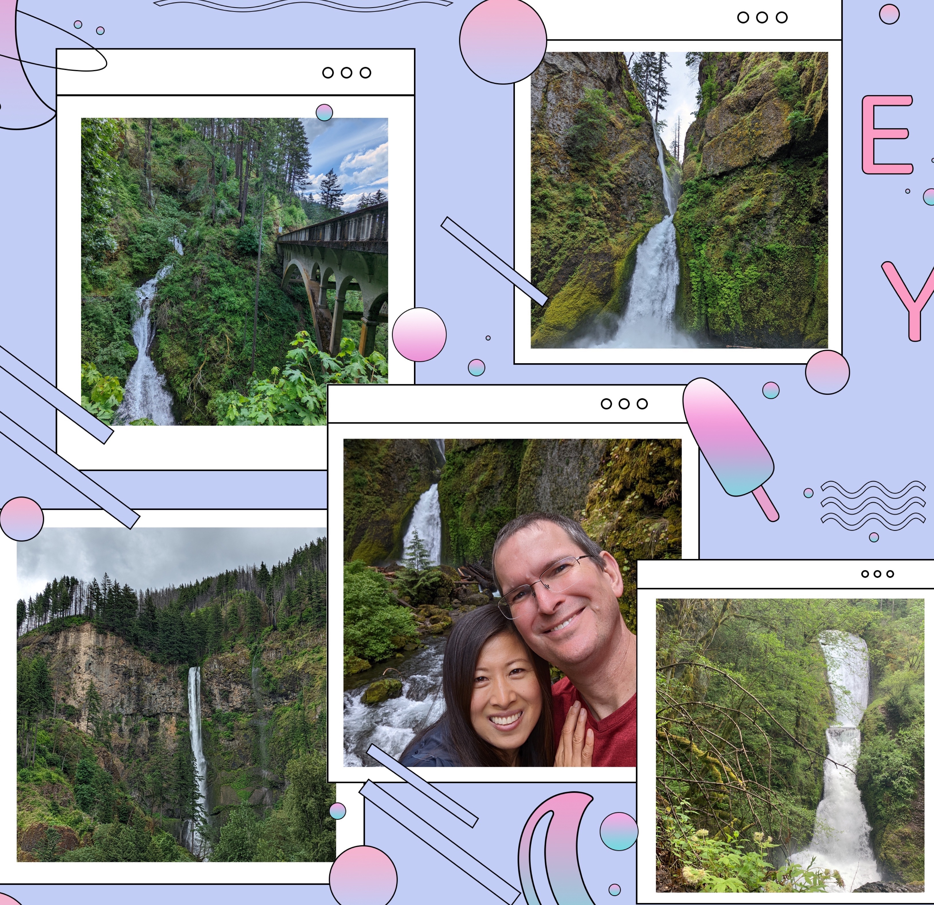 Left up: Shepherds Dell Falls. Left down: Multnomah Falls. Right up: Wahclella Falls. Right down: Bridal Veil Falls. 河谷边上许多瀑布
