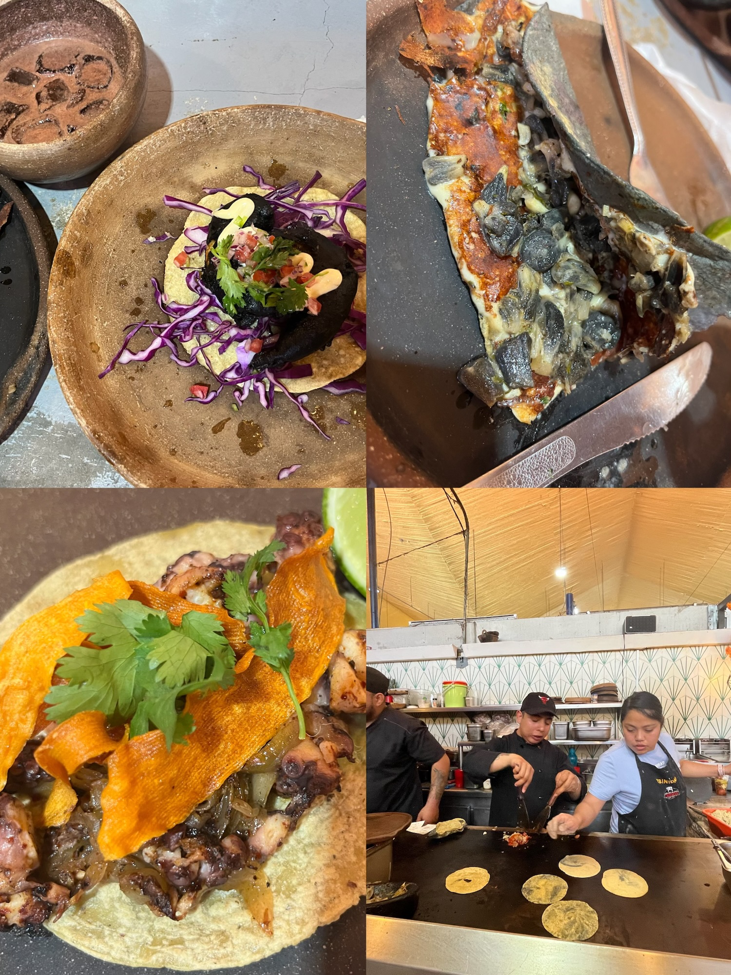 Shrimp taco, octopus taco, huitlacoche (corn fungus) taco.